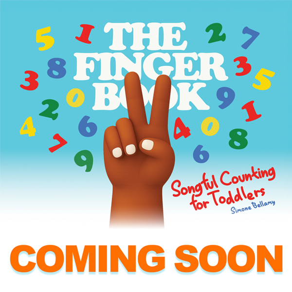The Finger Book — songful counting for toddlers, by Simone Bellamy. A hand holding up two fingers surrounded by colorful floating numbers.